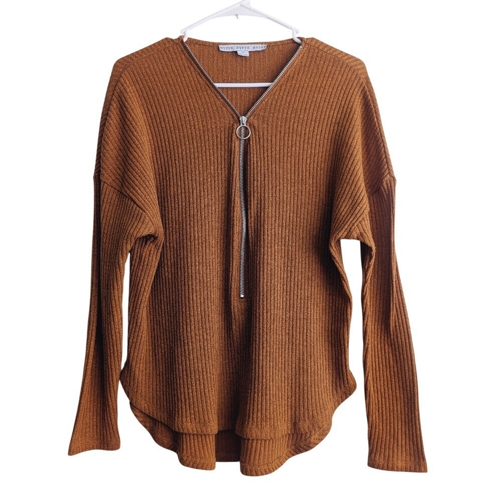 HYFVE Conac Brown Retro Feminine Ribbed Long Sleeve Knit Sweatshirt